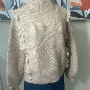 LOFT Cream Turtleneck Sweater with Fringe
